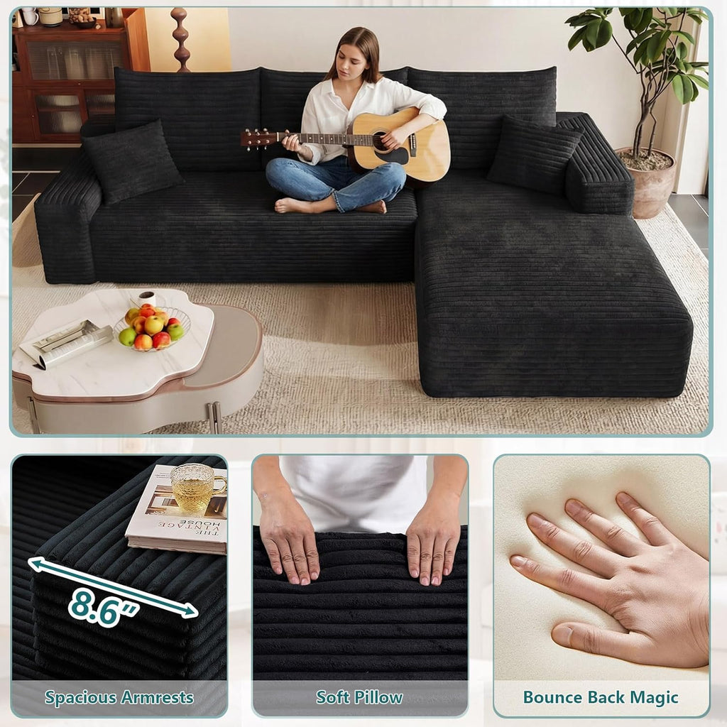 95" Modular Sectional Couch, Boneless L Shaped Cloud Sofa with Chaise Lounge, Corduroy Upholstered Couches Memory Foam Deep Seat, No Assembly Required, Ideal for Living Room(Black, Right Facing)