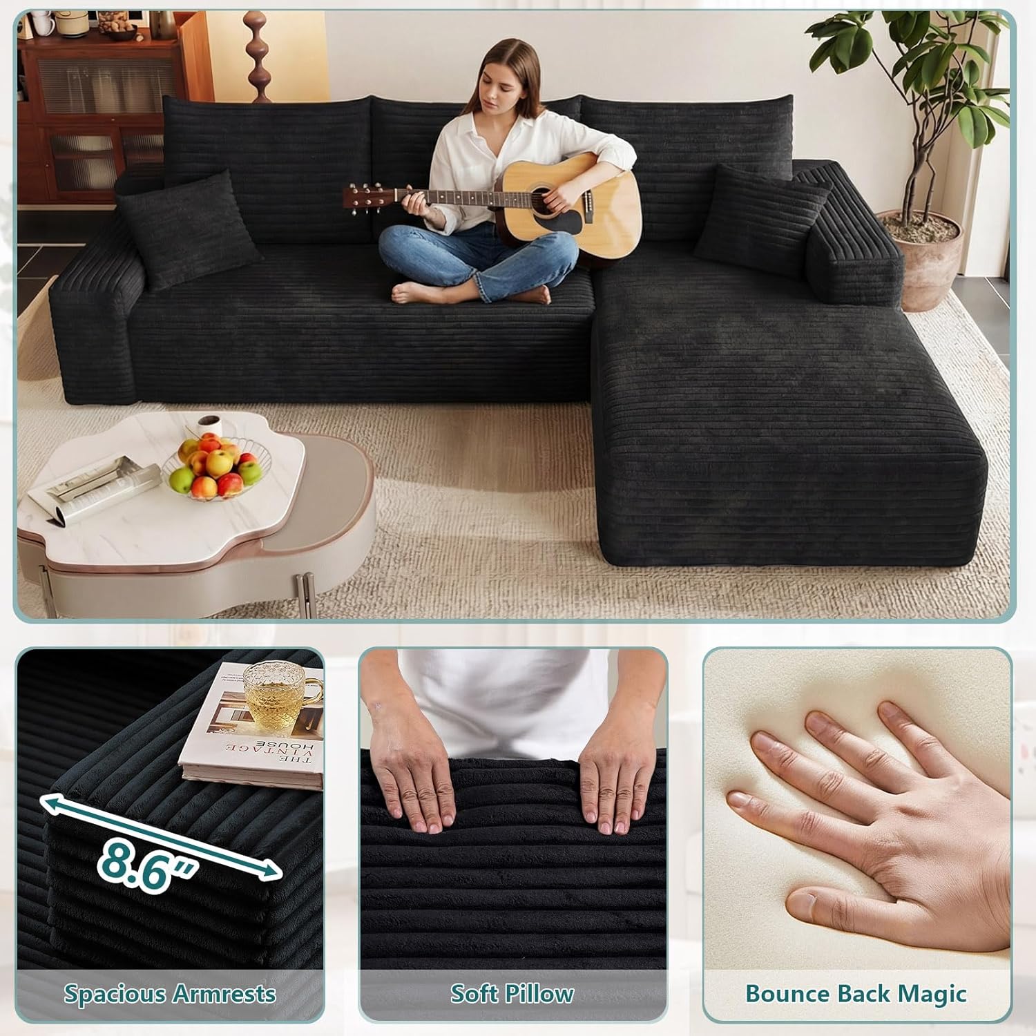 95" Modular Sectional Couch, Boneless L Shaped Cloud Sofa with Chaise Lounge, Corduroy Upholstered Couches Memory Foam Deep Seat, No Assembly Required, Ideal for Living Room(Black, Right Facing)