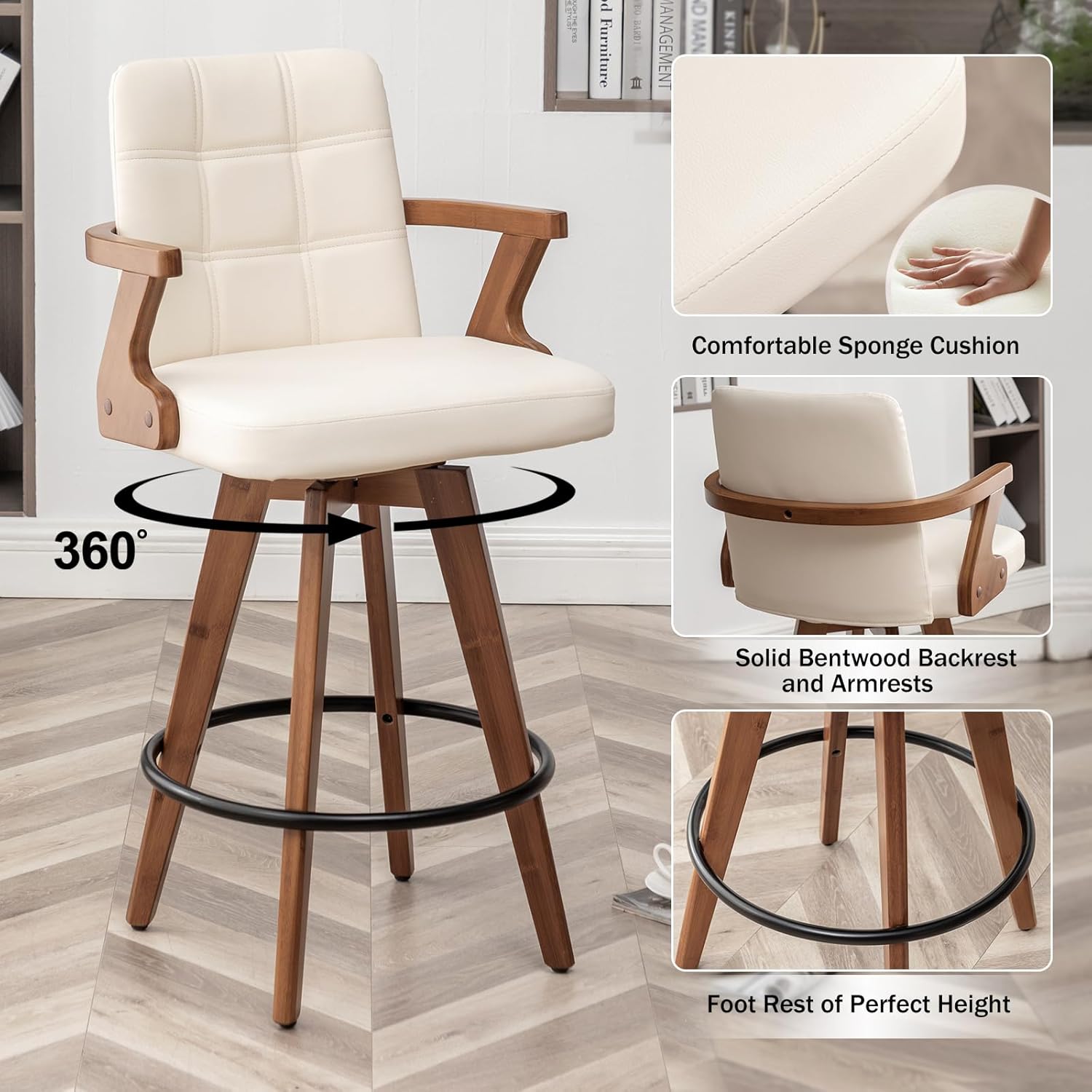 26” Counter Height Bar Stools,Leather Upholstered Bar Chair, Swivel Bar Stools with Back and Arms .Modern Beige Barstool Set of 2 for Kitchen Island