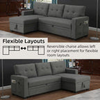 Convertible Sleeper Sofa Bed with Pull Out Couch, L Shaped Couch with Chaise Storage, USB Charge & Side Pocket, Small Sectional Couches for Living Room, Apartment | Linen Fabric | 82" | Dark Grey