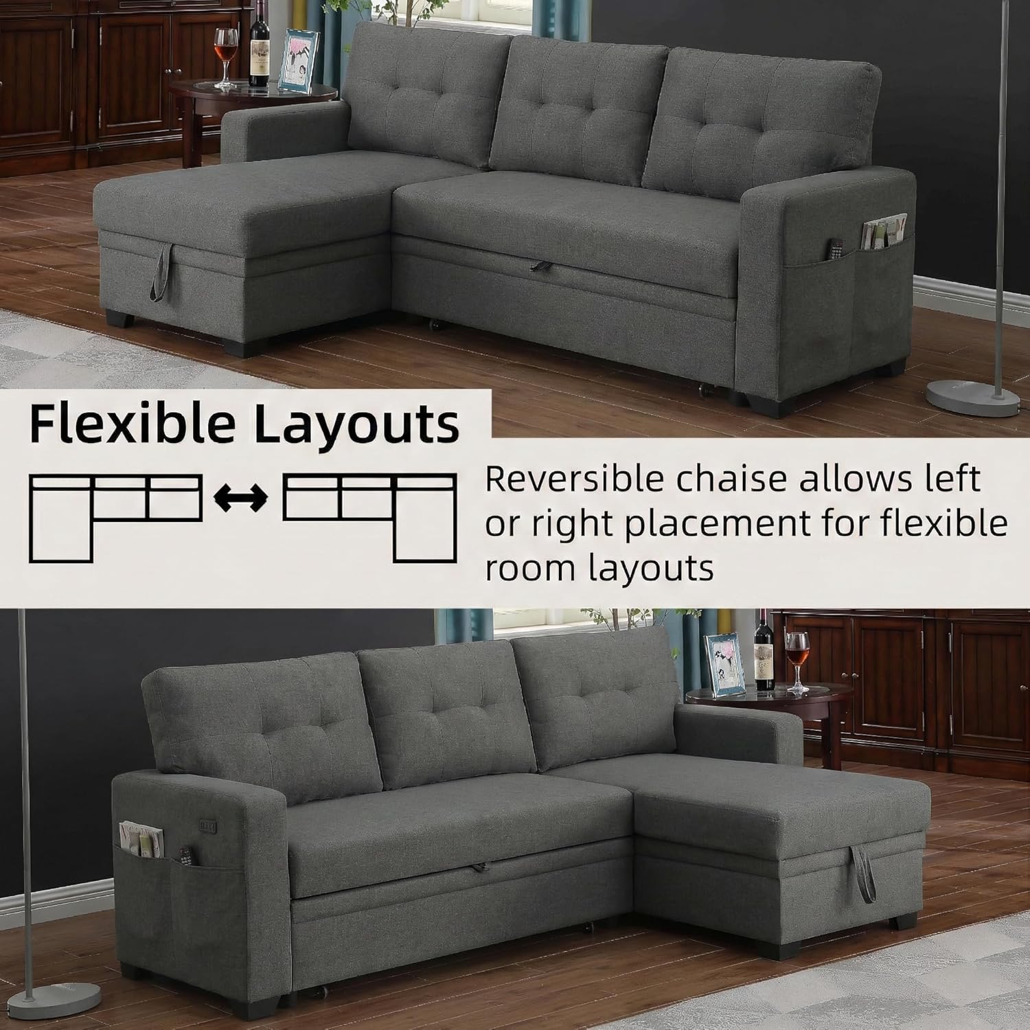 Convertible Sleeper Sofa Bed with Pull Out Couch, L Shaped Couch with Chaise Storage, USB Charge & Side Pocket, Small Sectional Couches for Living Room, Apartment | Linen Fabric | 82" | Dark Grey