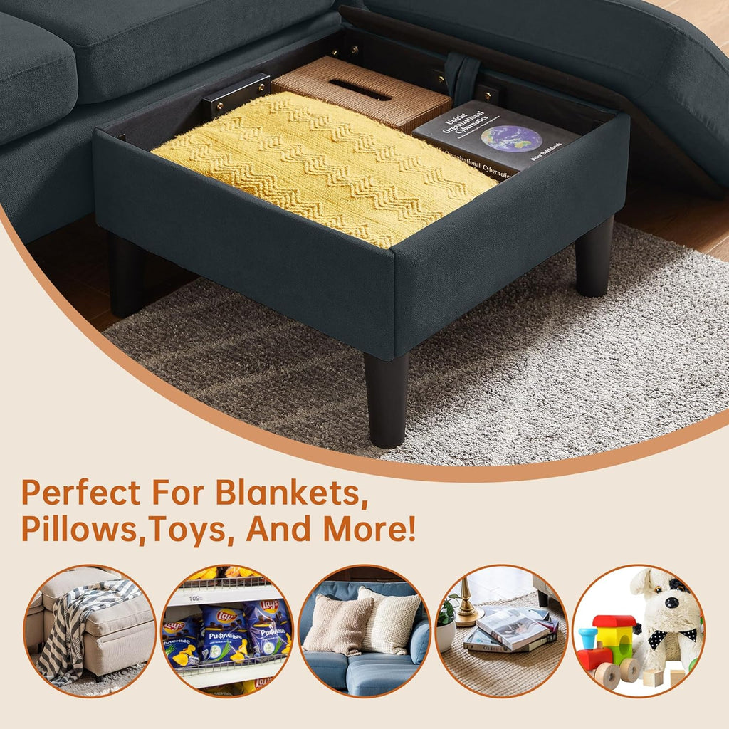 Convertible Sectional Sofa, Modern L Shaped 3-seat Sofa, 79" Linen Fabric Small Sectional Couch with Movable Ottoman, Couch for Small Spaces Living Room (Dark Grey)