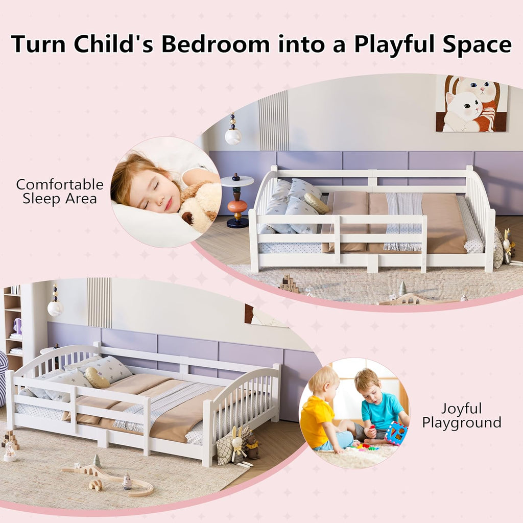 Merax Full Montessori Floor Bed with Safety Guardrails – Solid Wood Kids Bed with Slats & Fence and Without Door, No Box Spring Needed, White