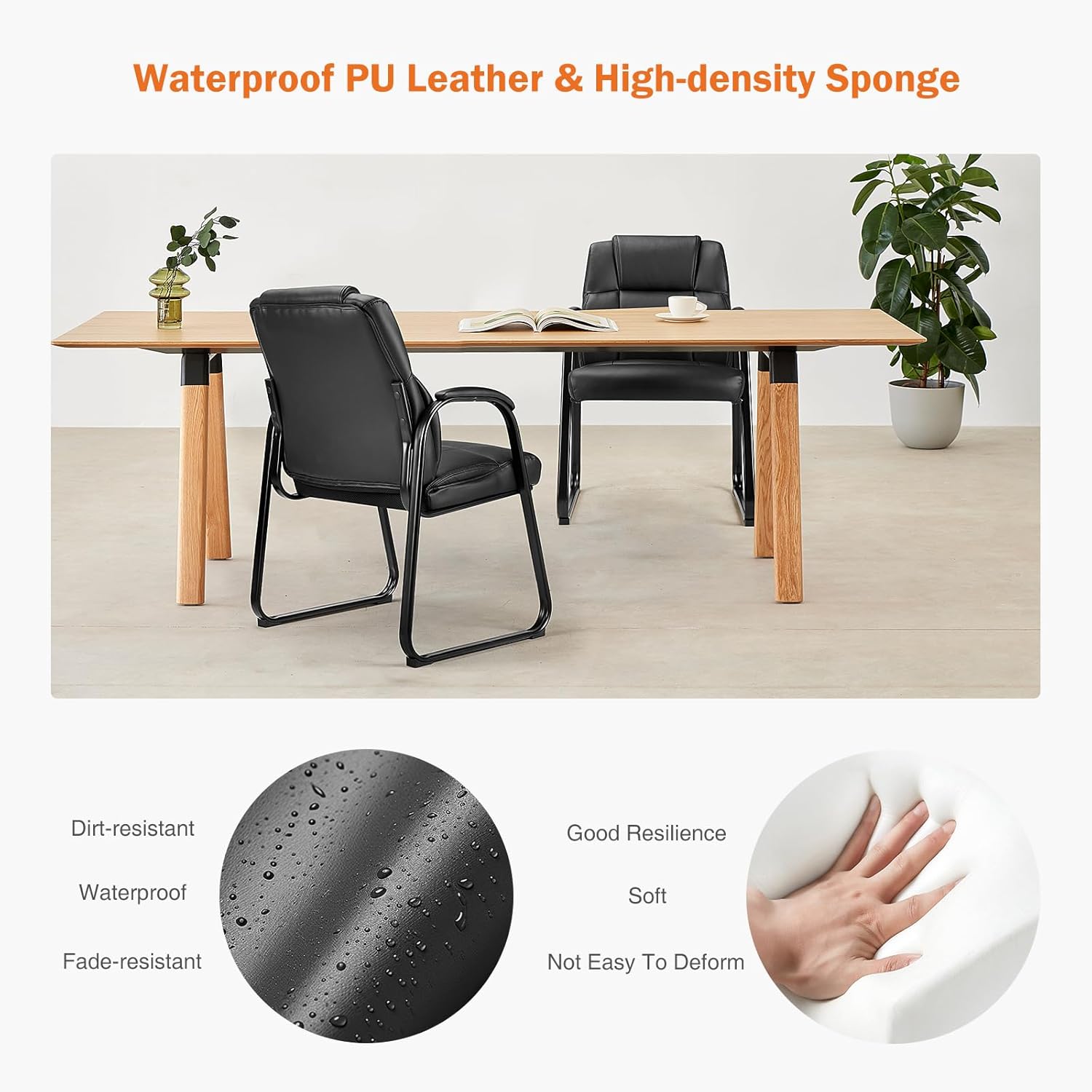 Sweetcrispy Waiting Room Guest Chair Set of 6, Leather Stationary Office Reception Chairs No Wheel, Comfy Padded Arms and Seld Base, for Conference Room Lobby Home Desk Bedroom Elderly, Black