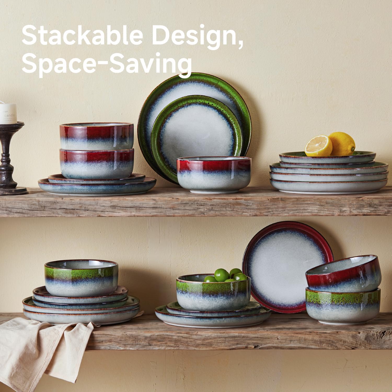 KINGSTONE Stoneware Dinnerware Sets for 4, 12-Piece Reactive Glaze Plates and Bowls Sets, Scratch-Resistant Rustic Ceramic Dish Set for Daily Party Gifts, Microwave Dishwasher Safe, Kiln-Fired Green
