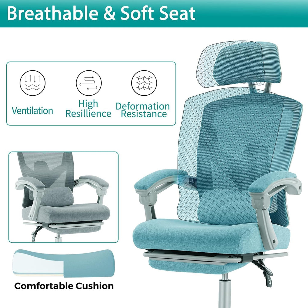 Simple Deluxe Home Office Desk Chair with Footrest, High-Back Mesh Rolling Swivel Reclining Chairs with Wheels, Comfortable Headrest, Lumbar Support, Comfy Arms