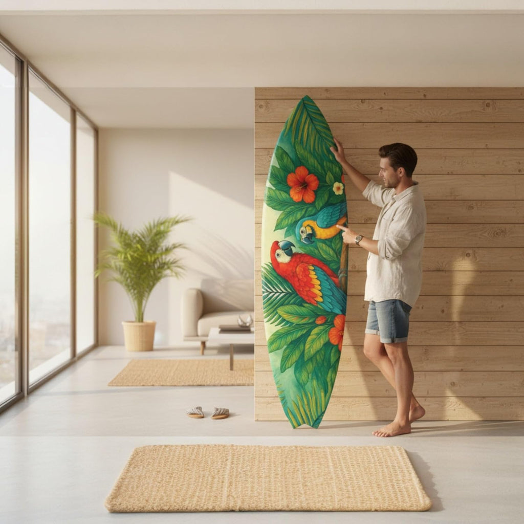 JennyGems Tropical Parrot Surfboard Decor, Indoor Outdoor Beach House and Tiki Bar Decoration with Hibiscus Flowers and Palm Leaves (3 Feet)