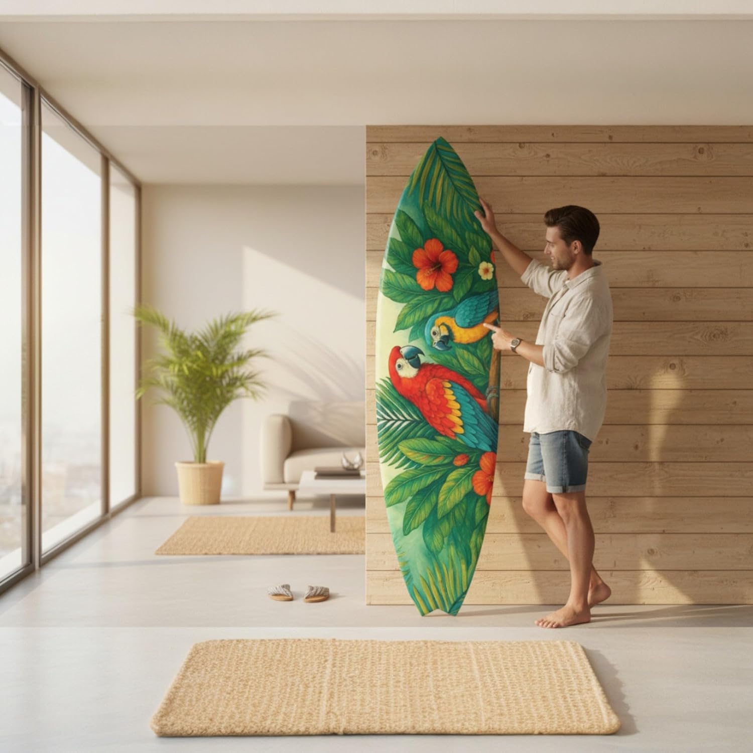 JennyGems Tropical Parrot Surfboard Decor, Indoor Outdoor Beach House and Tiki Bar Decoration with Hibiscus Flowers and Palm Leaves (3 Feet)