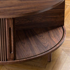 Round Coffee Table, 31.5" Fluted Center Table with Storage, Lift-Top Coffee Table with Adjustable Footpads, Sliding Door, Mid-Century Modern Center Table for Living Room, Small Space (Warm Walnut)