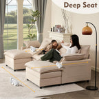 108" U Shaped Couch, Modular Sectional Sofa, 3-Seater Comfy Cloud Couch, Set of Modular Pieces with Movable Ottoman, Deep Seat Couches for Living Room, Linen, Beige