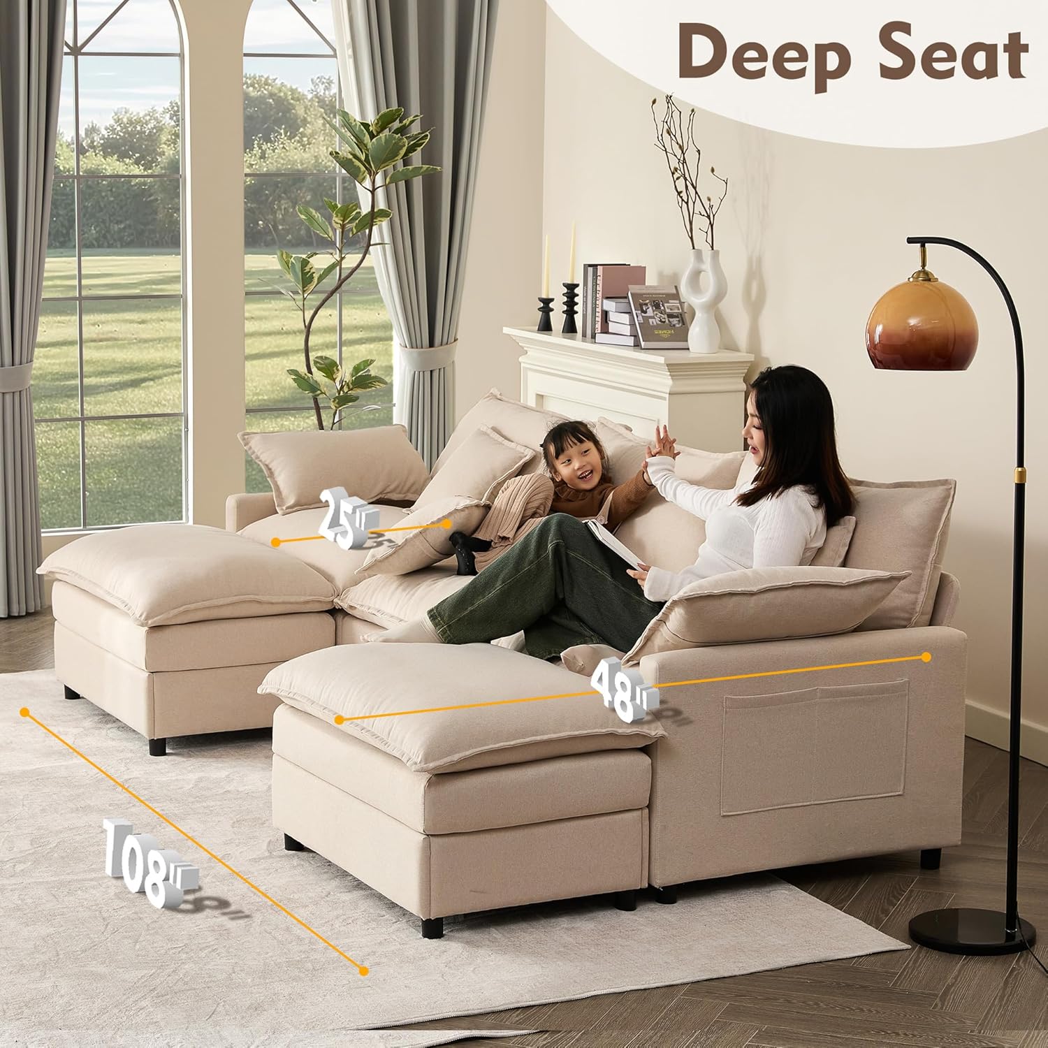 108" U Shaped Couch, Modular Sectional Sofa, 3-Seater Comfy Cloud Couch, Set of Modular Pieces with Movable Ottoman, Deep Seat Couches for Living Room, Linen, Beige