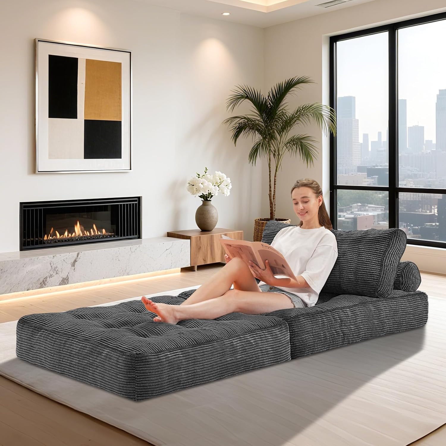 HABUTWAY Folding Sofa Bed, Convertible Sleeper Chair Bed w/Dual-Pillow & Handle, Foldable Floor Sofa Lounge w/Back Support for Living Room, Bedroom, Apartment, Office, Single, Grey