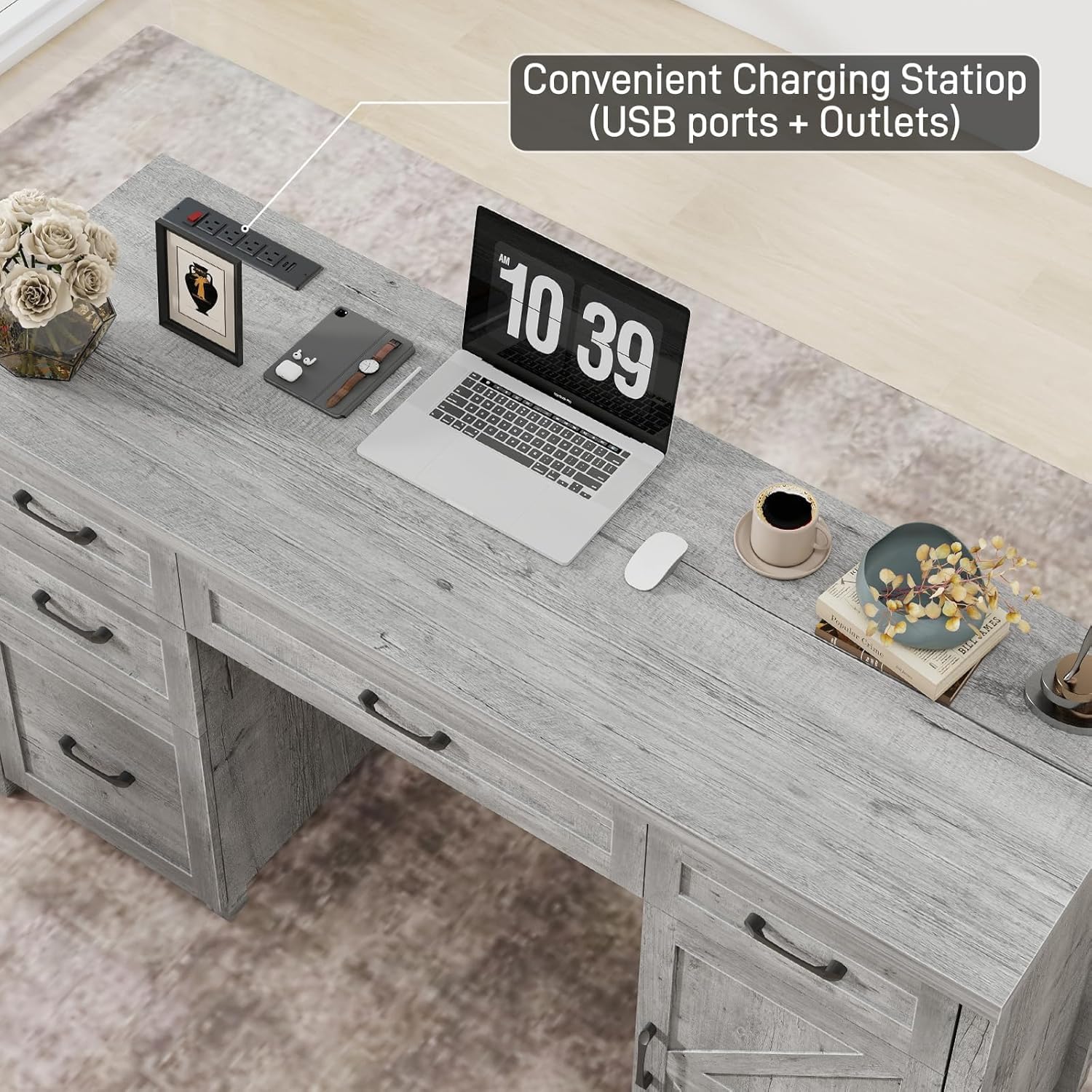 Vabches Farmhouse 61'' Executive Desk with 5 Drawers, Rustic Office Desk Computer Desk with Charging Station, File Drawers and Storage Cabinet, Wood Workstation for Home Office and Study,Grey.