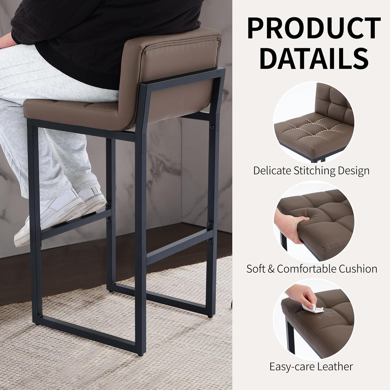 Counter Height Bar Stools Set of 4, Upholstered Barstools with Back, Bar Chairs with Thickened Metal Legs, PU Leather Counter Stools for Kitchen Island (Coffee Brown, 4Pcs 26" Counter Stools)