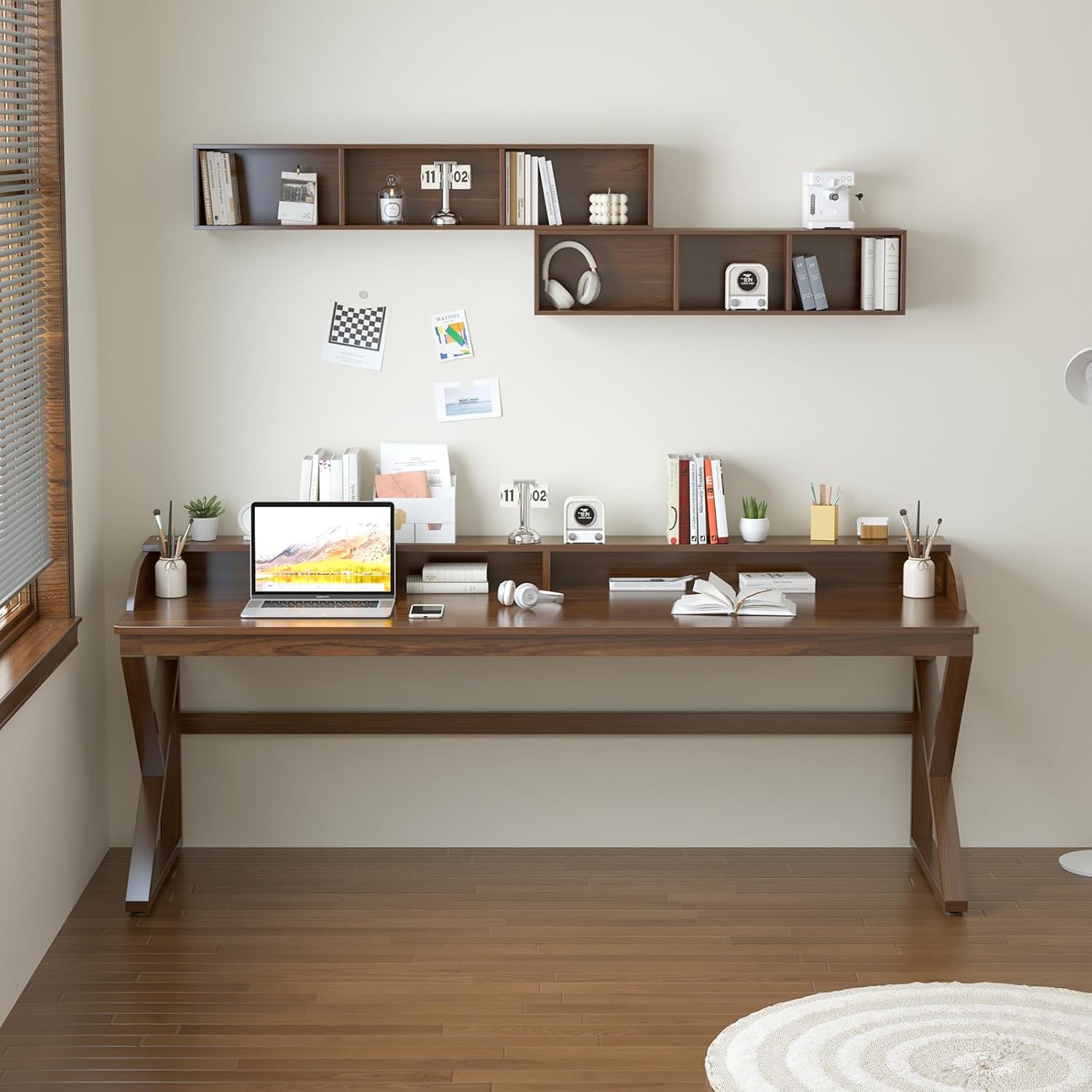 OSCHF Long Desk with Monitor Stand - 71" Double Long Computer Table for 2-Person Workstation, Large Writing Study Work Desk for Home and Office, Walnut