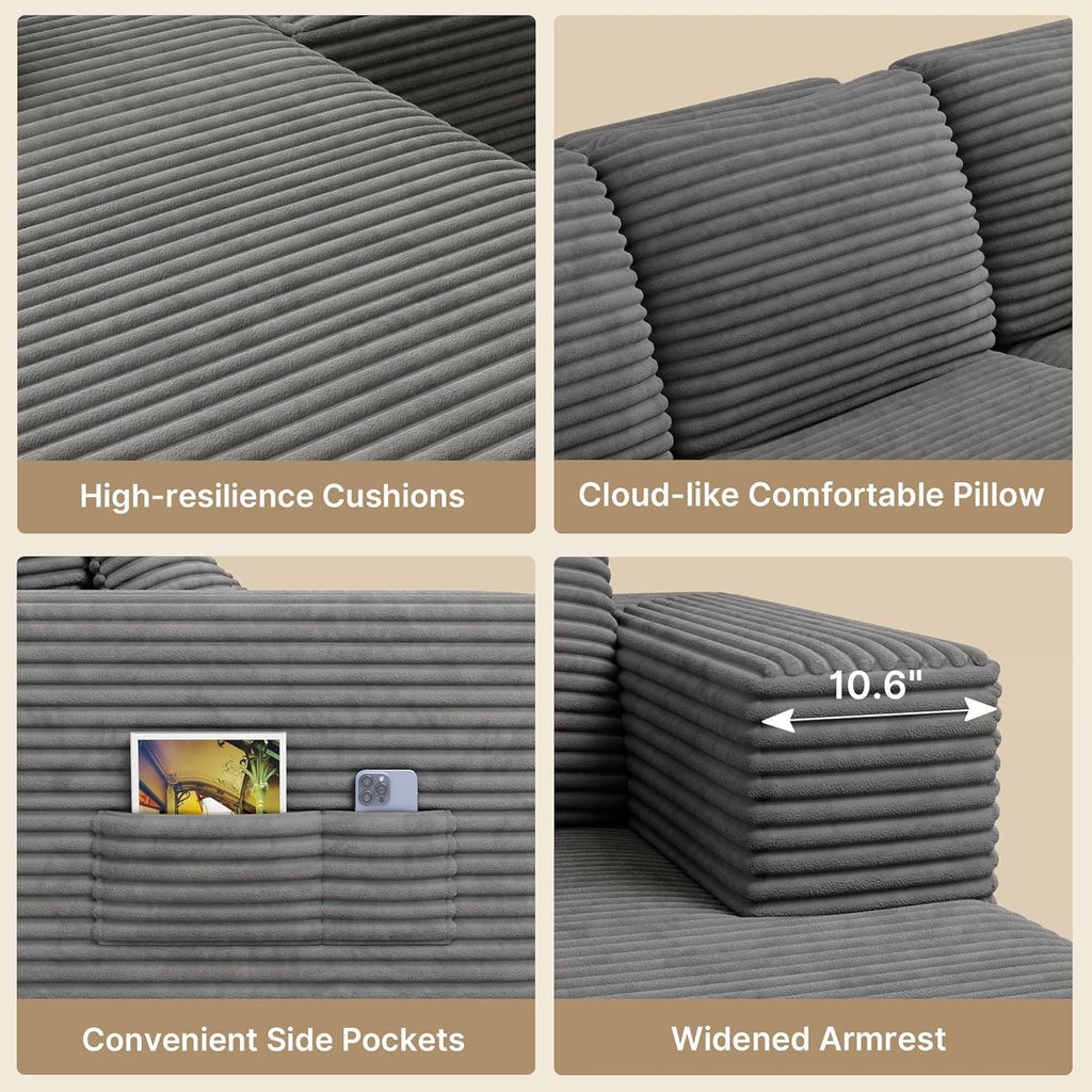 Gizoon 105" Oversized Floor Sofa Sectional, L Shaped Modular Cloud Couch with Chaise, Deep Seat Corduroy Memory Foam Boneless Couch for Living Room, No Assembly (Grey, Left Facing Chaise)