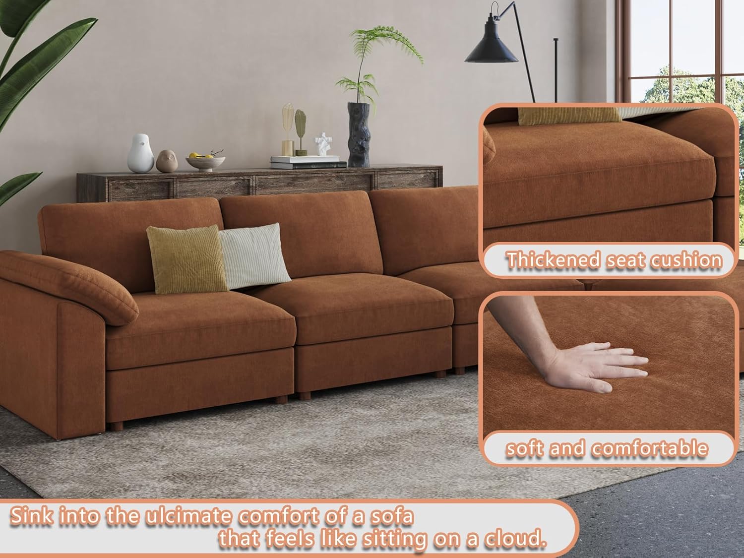 EASE MOOSE Oversized Modular Sectional Sofa with Ottoman, Modern Luxury Wide Deep Modular Couch, U Shaped Couch for Big Spaces Living Room, Brown