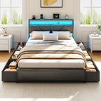 Queen Bed Frame, 2-Tier Storage Headboard & 6 Fabric Drawers, PU Leather Upholstered Queen Size Platform Bed with Charging Station and LED Lights, No Box Spring Needed, Noise Free