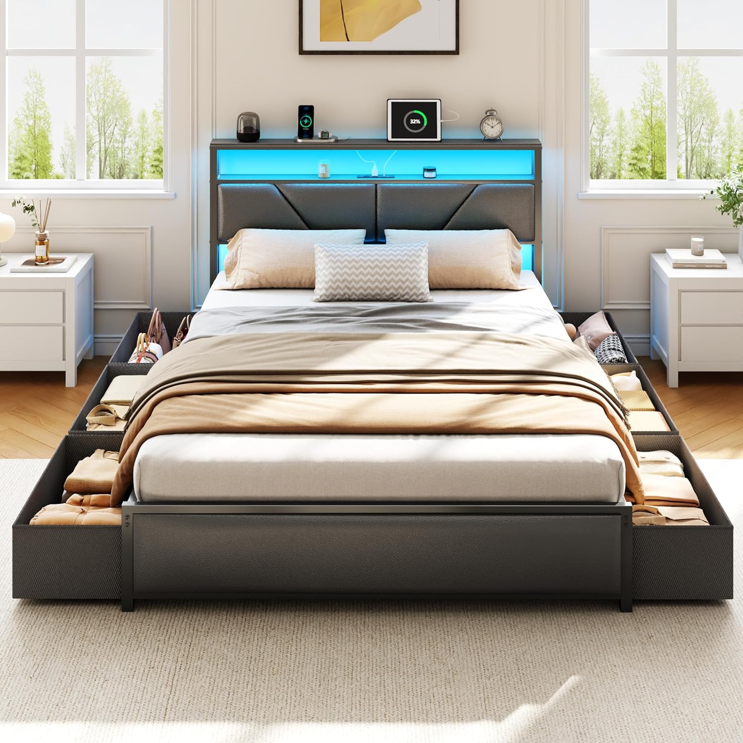 Queen Bed Frame, 2-Tier Storage Headboard & 6 Fabric Drawers, PU Leather Upholstered Queen Size Platform Bed with Charging Station and LED Lights, No Box Spring Needed, Noise Free
