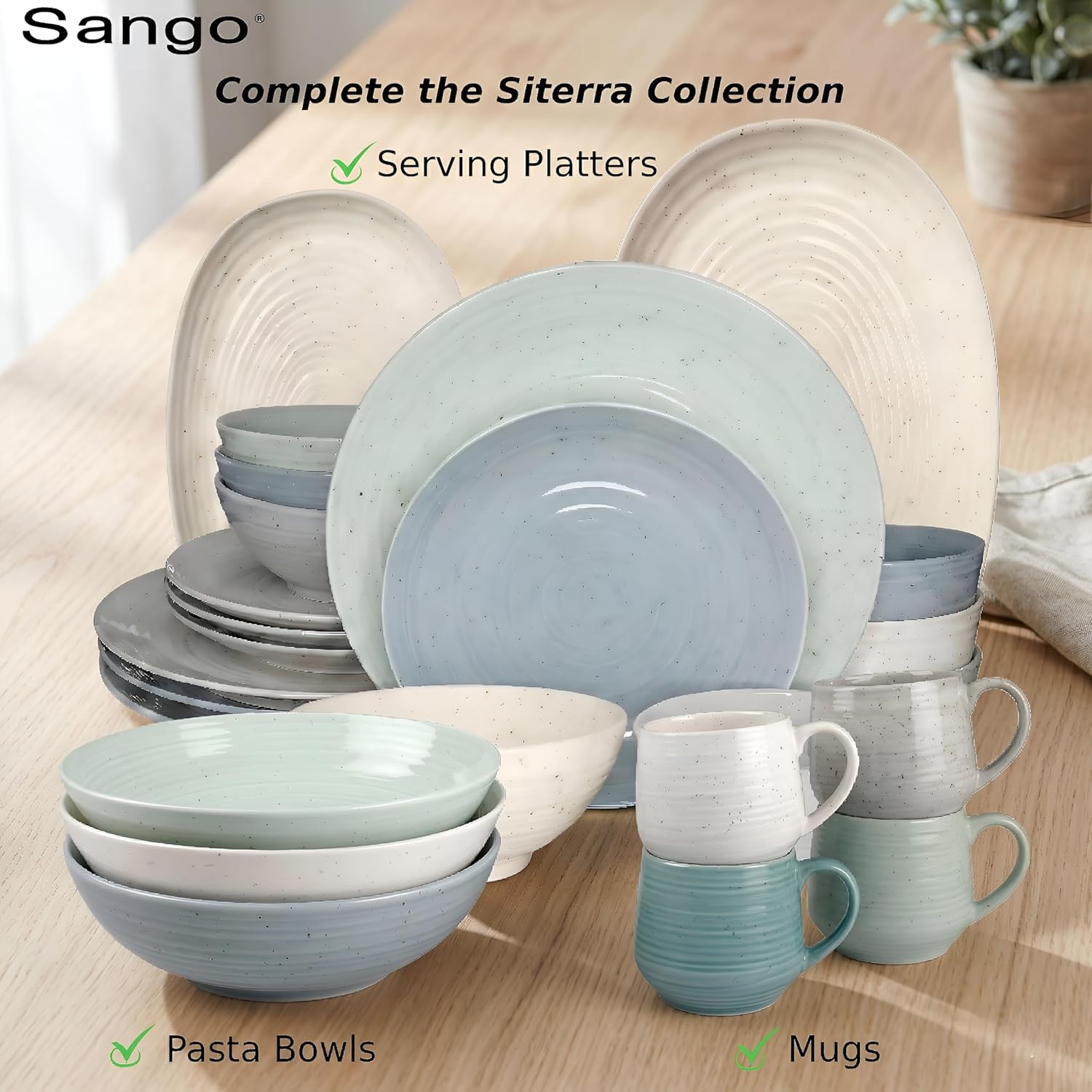 Sango Siterra Artist's Blend 16-Piece Stoneware Dinnerware Set for 4, Green, Cream & White Glossy Dishes with Speckles, Ceramic Plates and Bowls Sets for Everyday Dining, Microwave & Dishwasher Safe