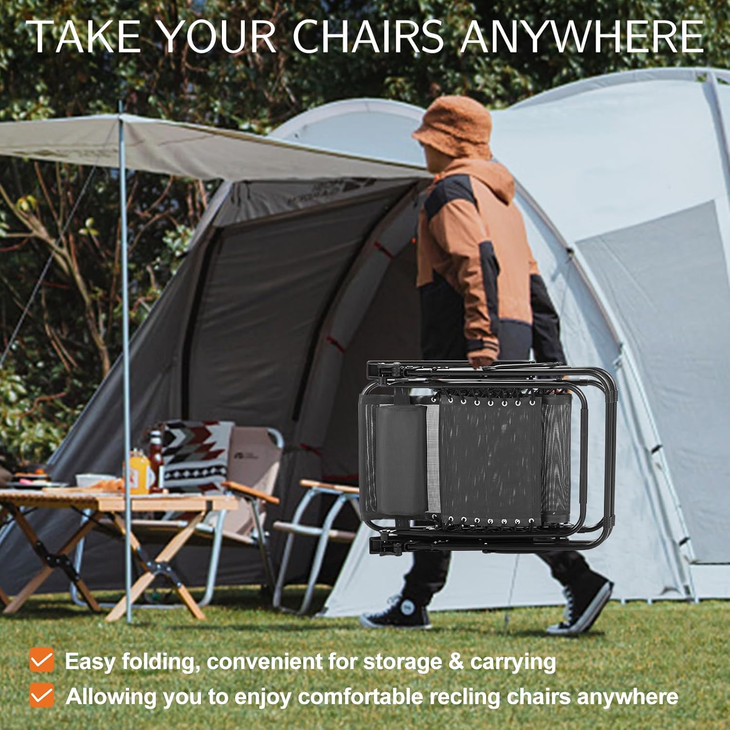 Sweetcrispy Zero Gravity Chairs, Set of 4 Portable Recliner Beach Camping Patio Outdoor Folding Lounge Chair with Cup Holder Trays and Adjustable Pillow for Poolside, Garden, Backyard, Lawn (Black)