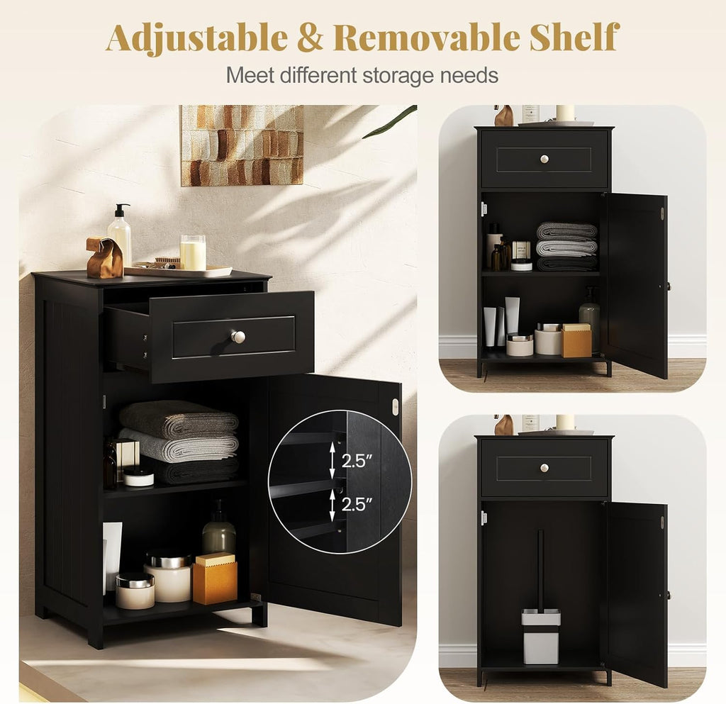 Giantex Floor Bathroom Storage Cabinet - Freestanding Cabinet with Drawer, Door, Adjustable Shelf, Anti-Tipping Device, Storage Organizer for Sofa Side, Bathroom, Living Room, Bedroom, White (Black)
