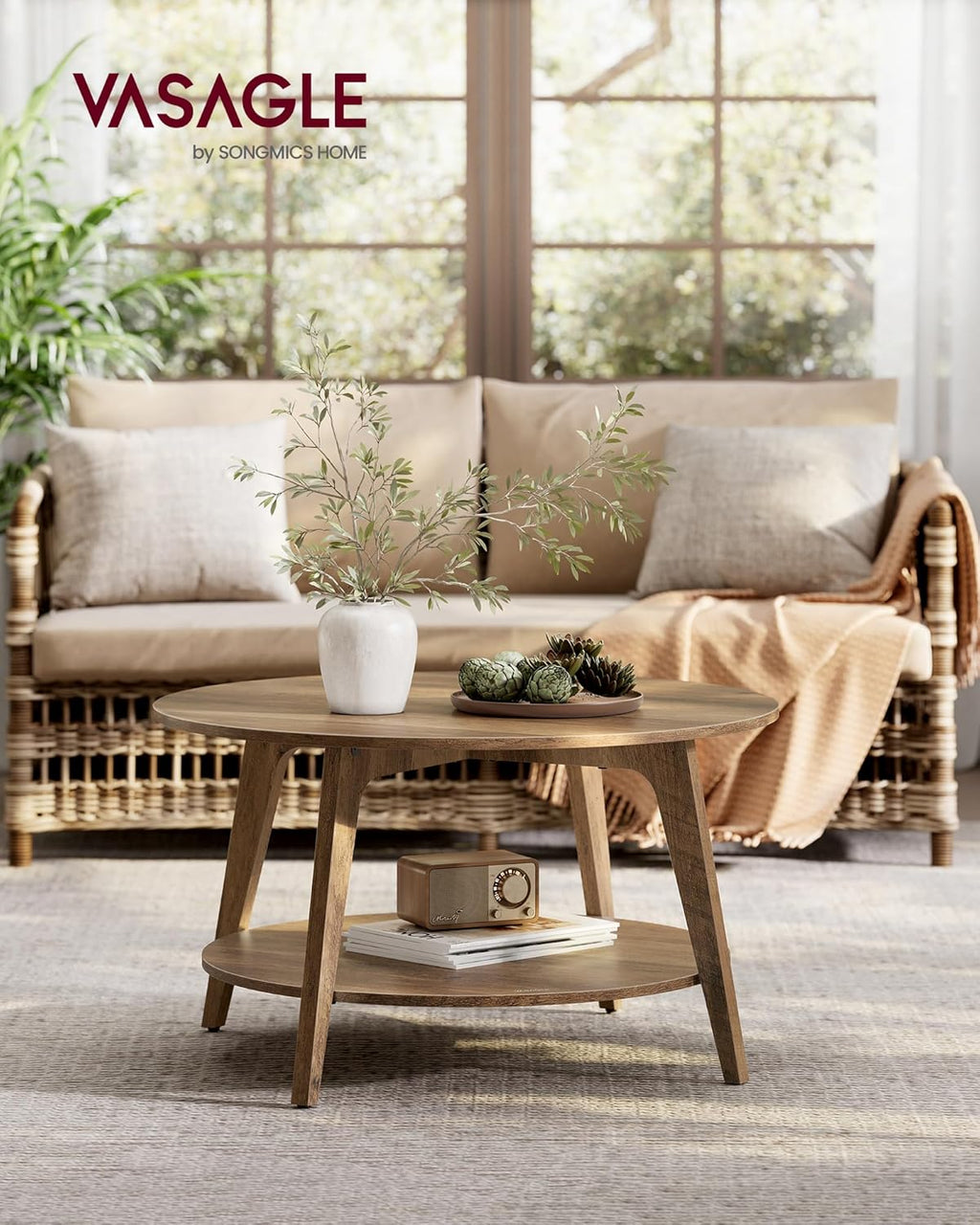 VASAGLE MAEZO Collection - Round Coffee Table, 2-Tier Center Table with Storage, Tapered Legs, Curved Transitions, 31.5 Dia. x 17.7 H Inches, Easy Assembly, for Living Room, Honey Brown ULCT243K41