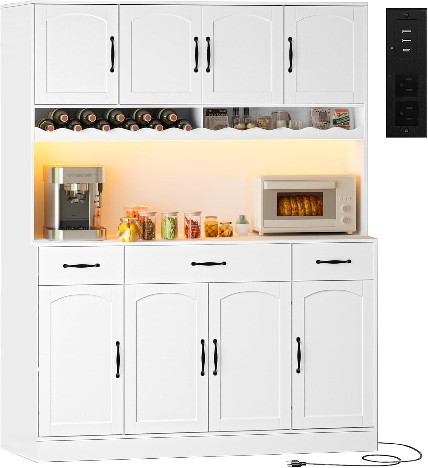 72" Tall Kitchen Pantry Cabinet with Charging Station 55" Wide Kitchen Hutch Cabinet with LED Light and Countertop Large Kitchen Pantry Storage Cabinet With Adjustable Shelves and Wine Rack