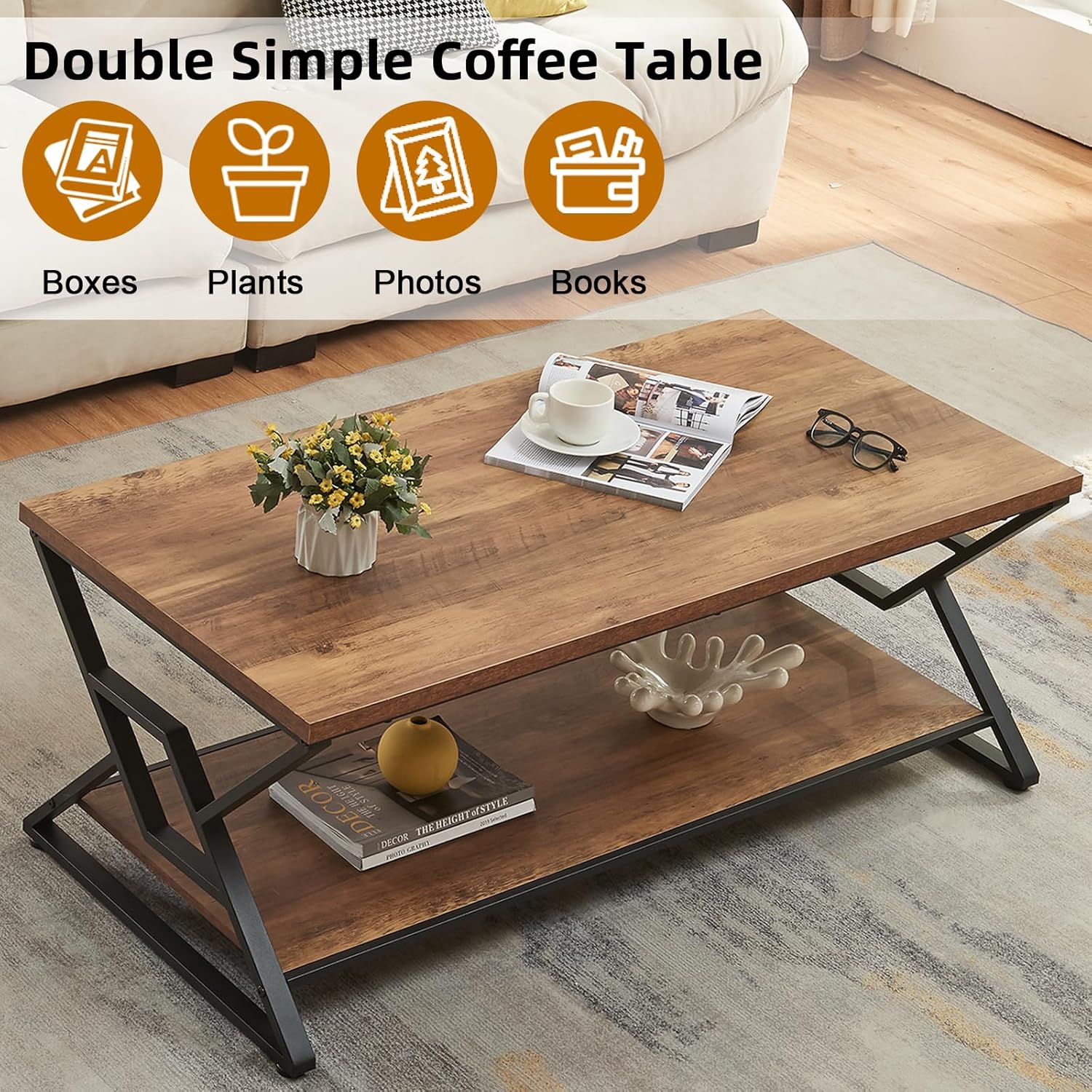 HOMISSUE Coffee Table, Rustic Rectangle Coffee Table with 2-Tier Storage, Engineered Wood Center Table with Open Shelves, Minimalist Coffee Table for Living Room, 47 Inch, Oak Brown