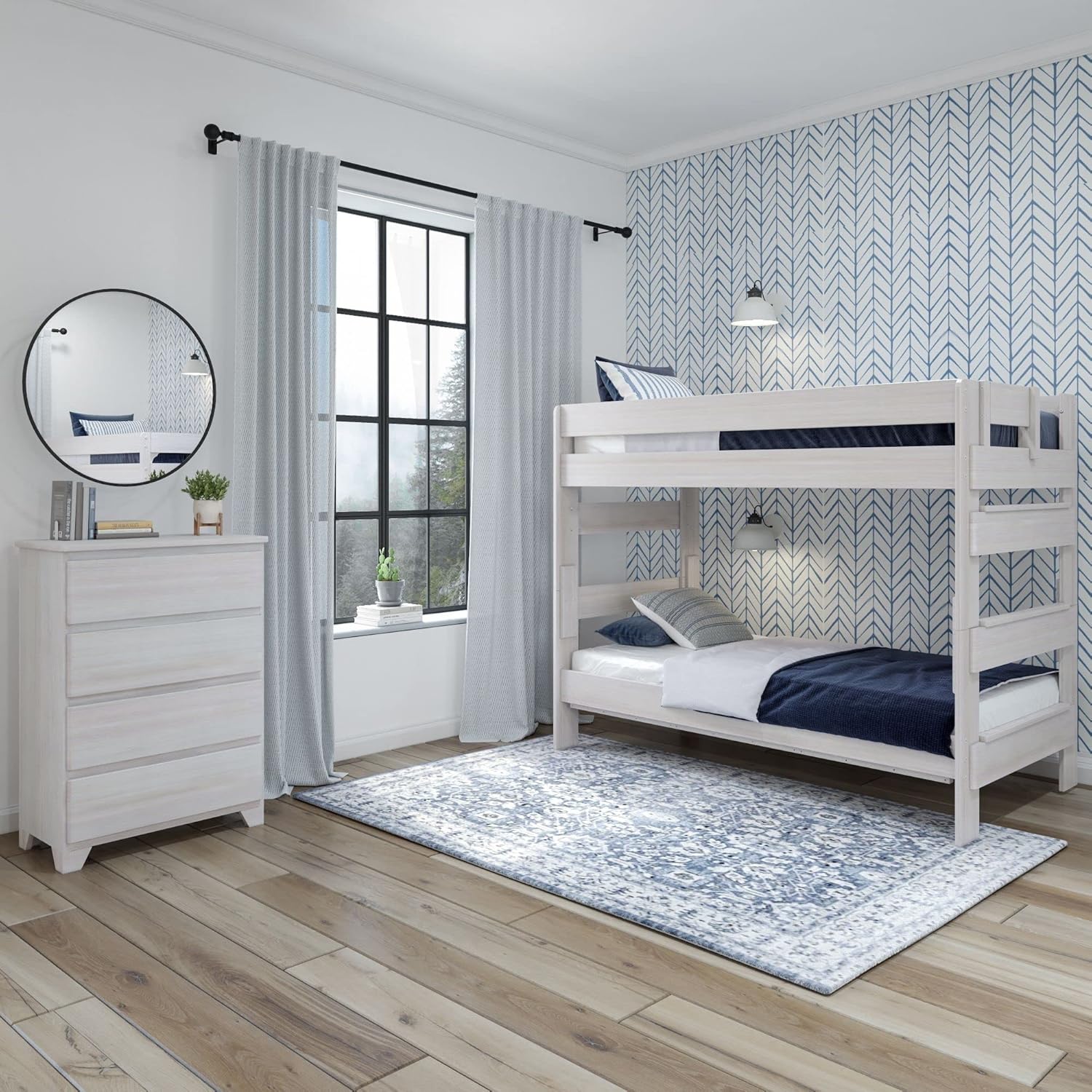 Plank+Beam Rustic Wood Bunk Bed, Solid Wood Twin-Over-Twin Bed Frame, Heavy-Duty Bunk Bed for Adults, No Box Spring Needed, White Wash