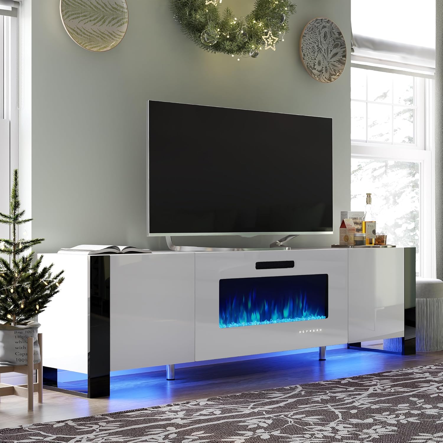 VanAcc 70" Fireplace TV Stand with 36" Electric Fireplace, High Gloss Entertainment Center with LED Lights, Modern Entertainment Stand for TVs up to 80", White