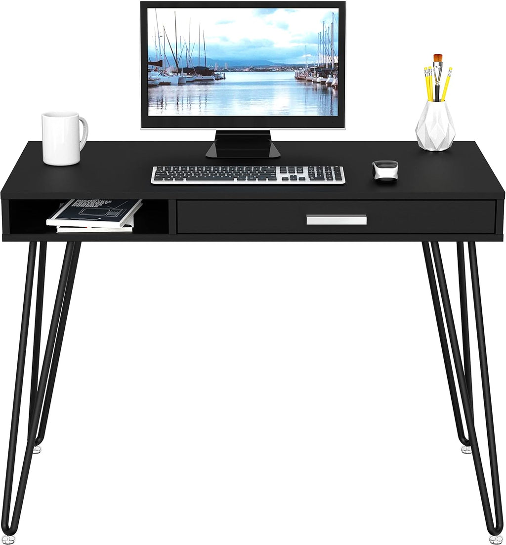 SHW Home Office Computer Hairpin Leg Desk with Drawer, Black