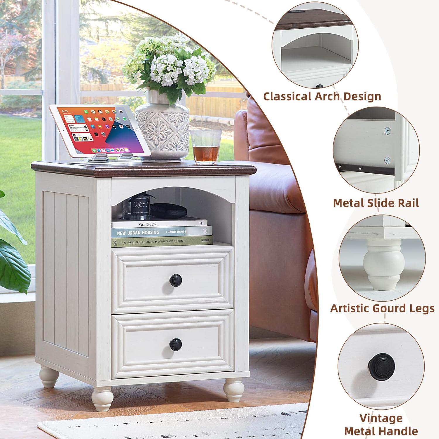 Farmhouse Coffee Table and Night Stand Set of 3,Wood 48" Center Table and 18'' Wide Nightstand with Charging Station,Coffee and End Tables 3-Piece Set for Home Living Room Hallway,White
