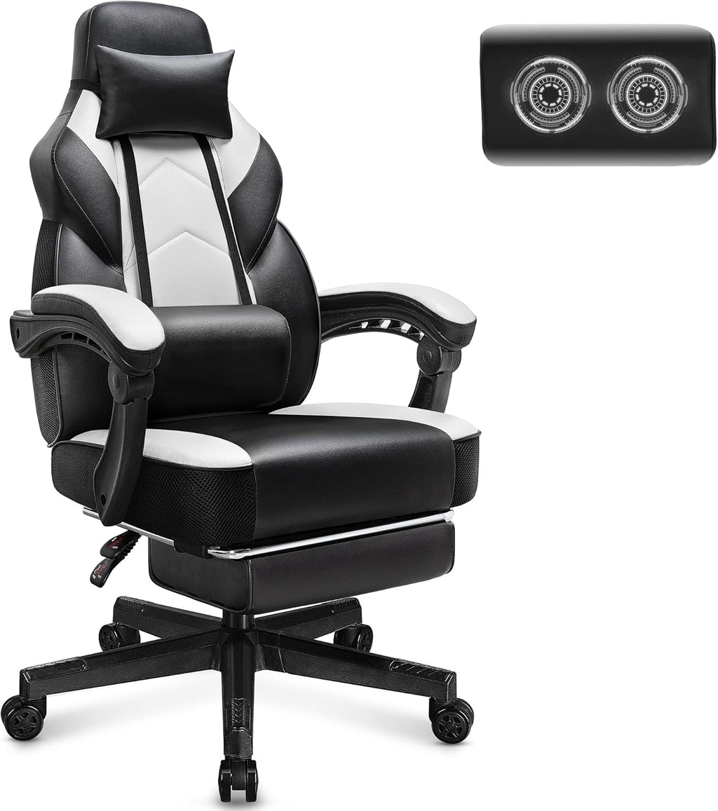 Meilocar Big and Tall Gaming Chair for Adults, 330lbs Heavy Duty Computer Chair with Footrest, Video Game Chair, Massage Lumbar Support, Wide Seat High Back Reclining Desk Chair, White