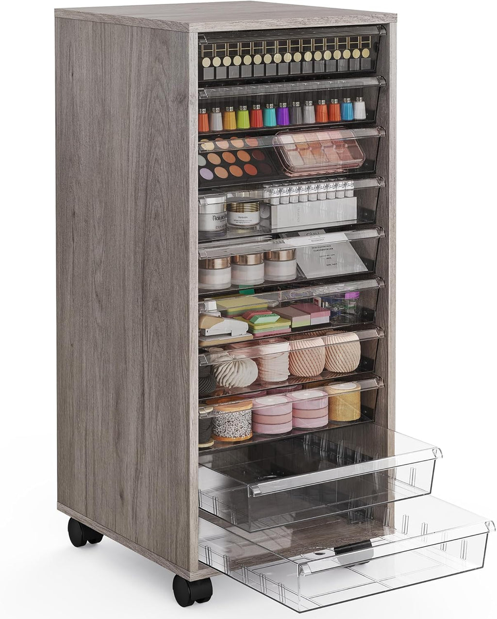 WOPITUES Storage Drawer Cart, Mobile Storage Cabinet, Makeup Storage with 10 Large Clear Drawers, Utility Wooden Rolling Cart on Wheels, for Cosmetic, Art Craft, Office Supplies, Toy, Grey
