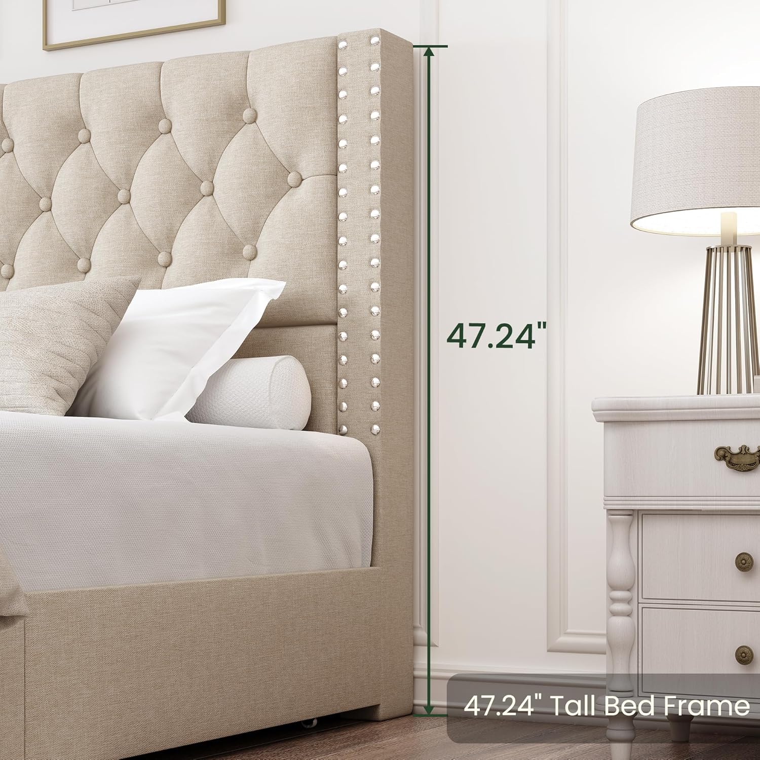 LARMACE King Size Bed Frame with 4 Storage Drawers and Tufted Headboard Linen Upholstered Platform Bed Frame with Heavy Duty Wood Slats, No Box Spring Needed, Easy Assembly, Beige
