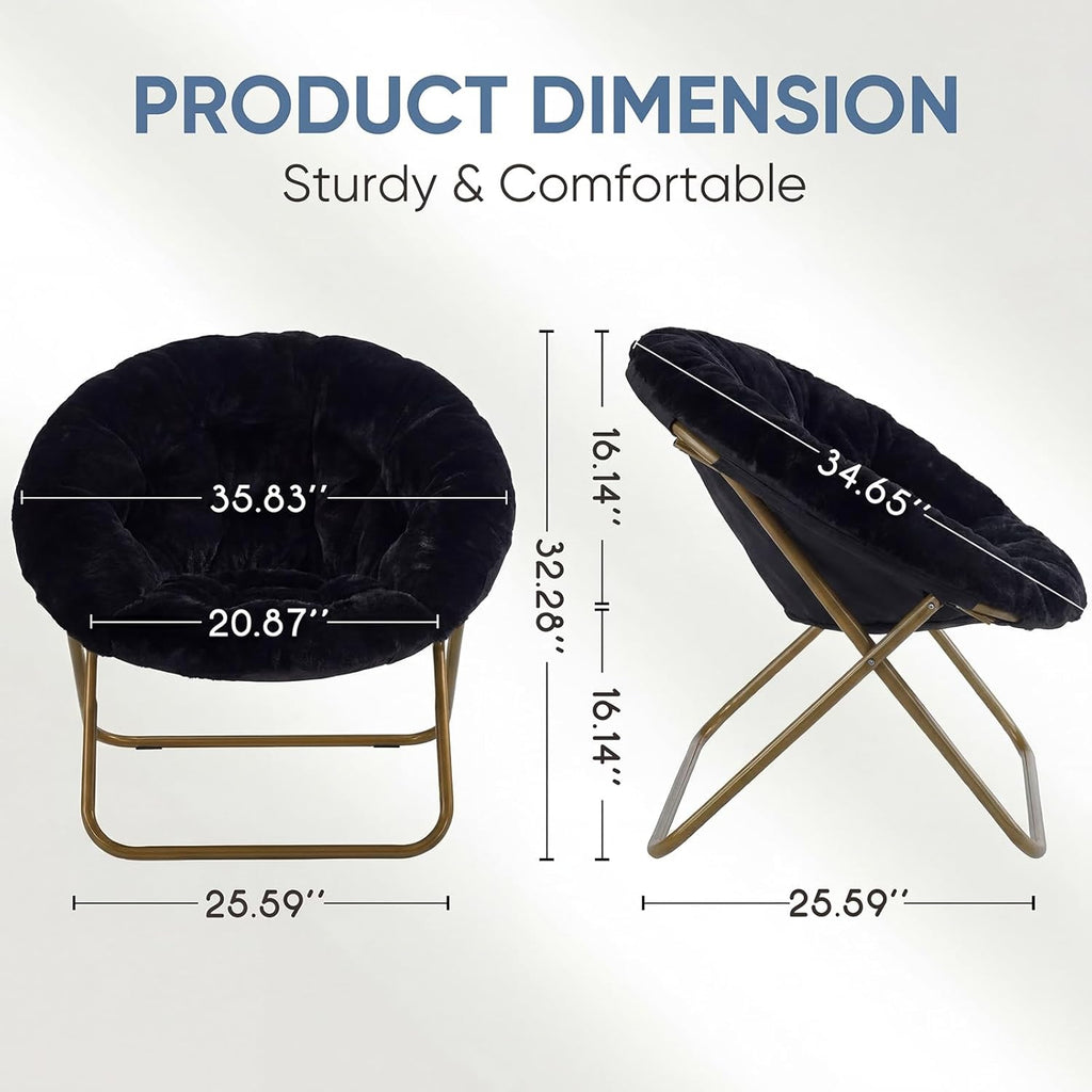 DUMOS Comfy Saucer Chairs Cozy Faux Fur Soft Lounge Cute Folding Bedroom Living Room Seat Flexible Reading Foldable Seating for Kids Adults Thick Padded Metal Frame Modern for Home Office, Black