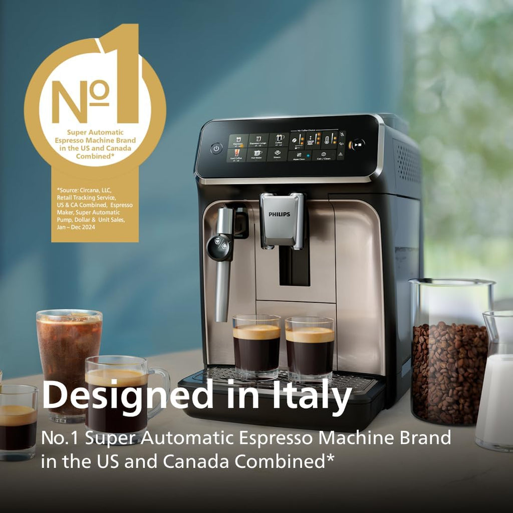 Philips 3300 Series Fully Automatic Espresso Machine with integrated milk frother and grinder, 5 Hot & Iced Coffee Pre-Sets, 40% Quieter SilentBrew, 15-Bar Pressure, Glossy Black (EP3326/90)
