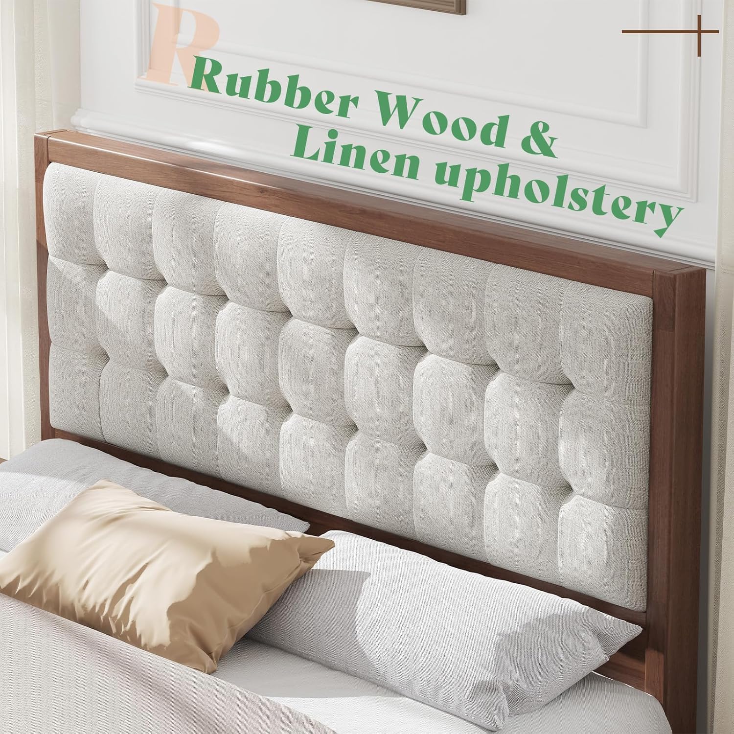 AMERLIFE King Size Bed Frame and Headboard, Solid Wooden Bed Frame King Size Platform Bed Frame Mid-Century Style, No Box Spring Required, Walnut | Back Support, Noise-Free, Easy Care, Sturdy Frame, Breathable Material