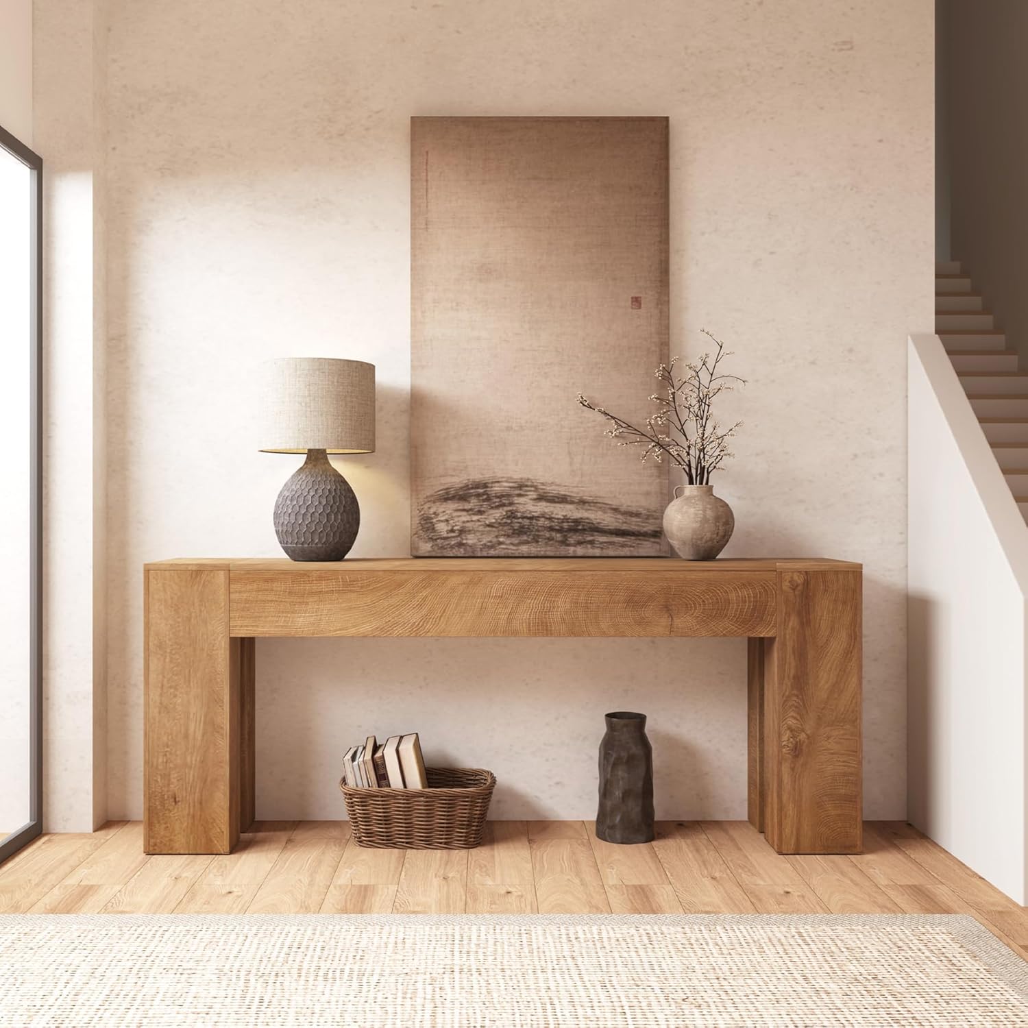 Extra Long Sofa Console Table for Entryway Living Room, 78-Inch Farmhouse Wood Behind Couch Table, Rectangular Accent Console with Wooden Double Base for Hallway Foyer Entrance, Natural Oak