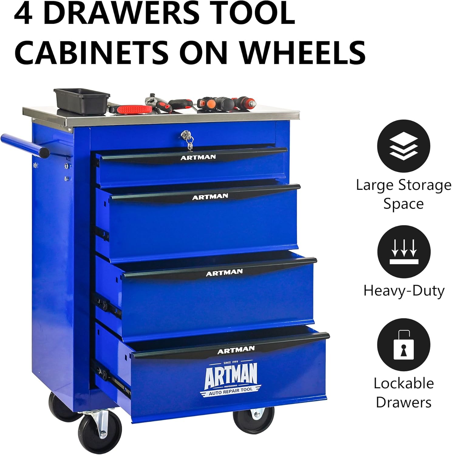 4-Drawer Rolling ToolChest, Blue & BlackModular Tool Box withWheels, Heavy-DutyRolling Tool Cabinet forGarage & WorkshopStorage
