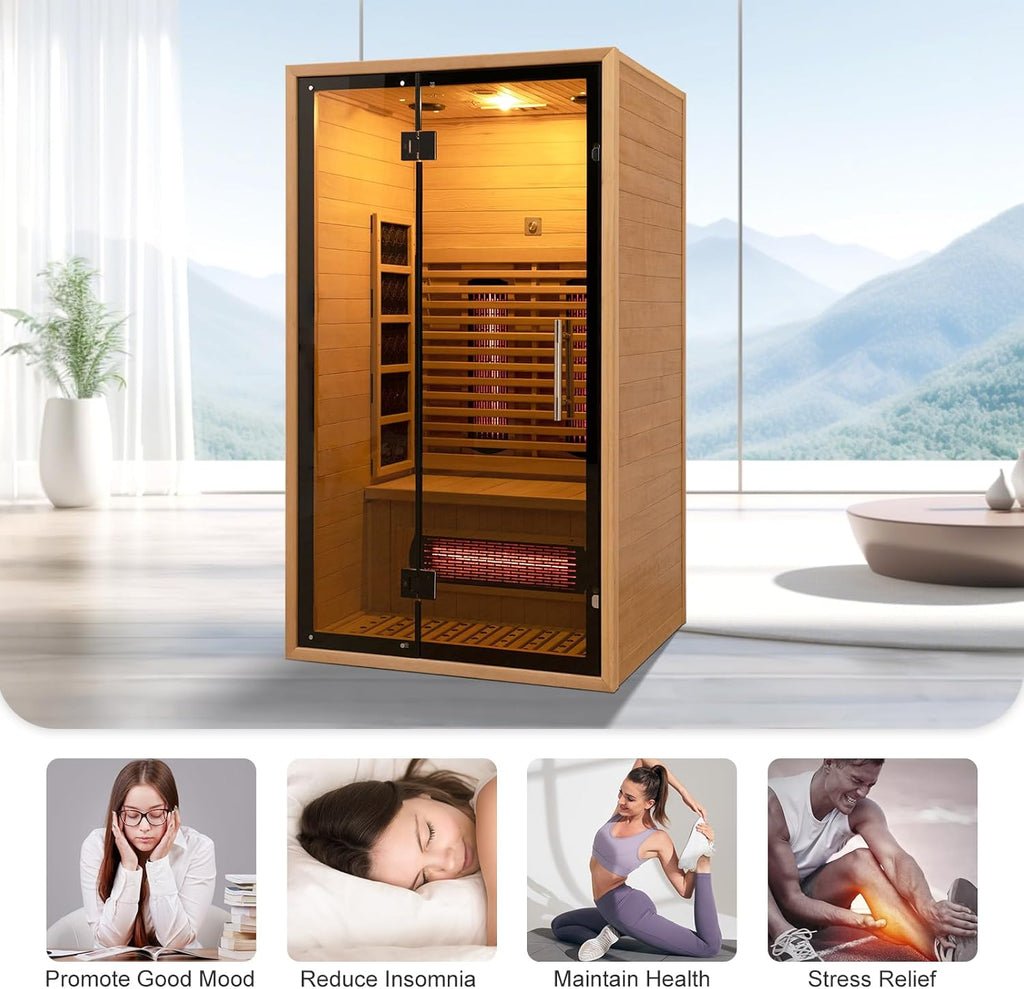 2 Person Red Light Far Infrared Sauna for Home 1750W/110V Canadian Hemlock Dry Indoor Saunas with LCD Panel Control Bluetooth Speaker Panoramic Tempered Glass