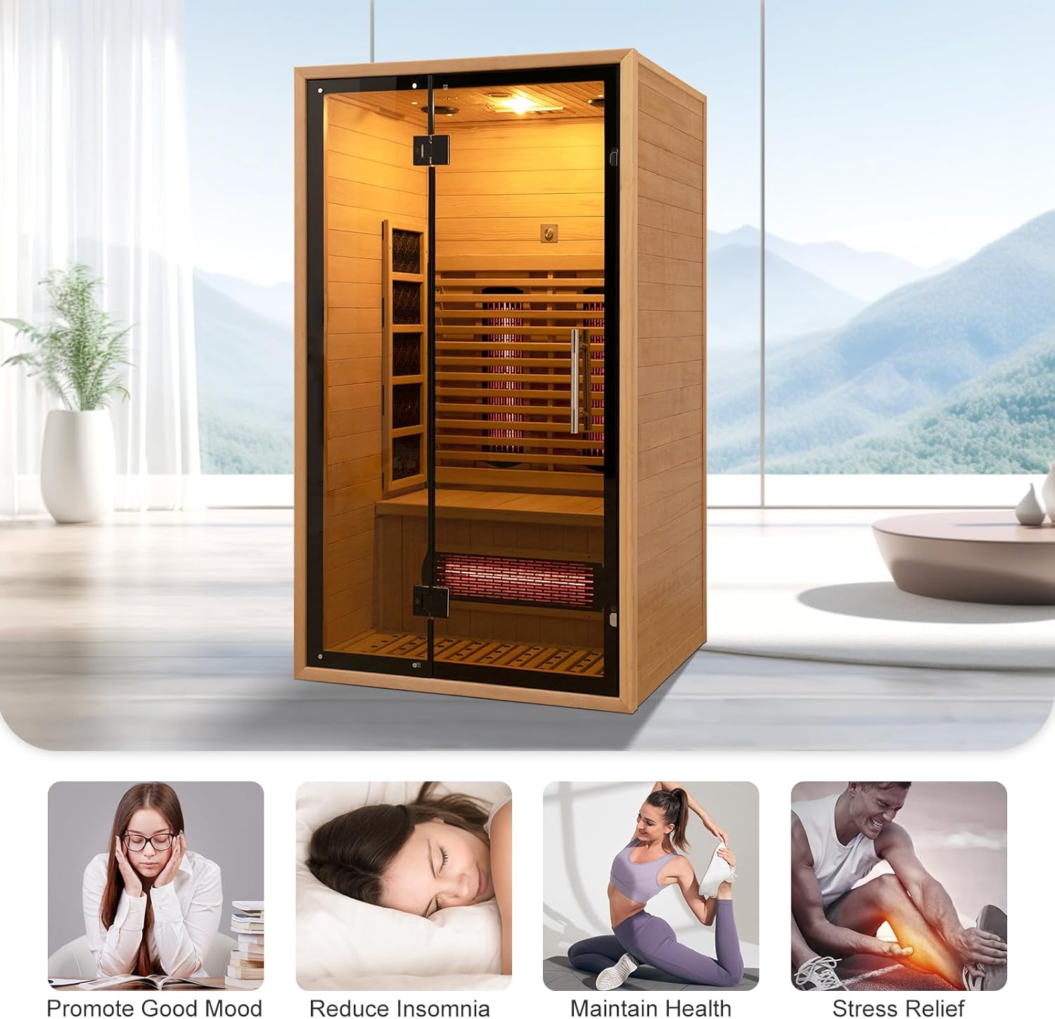 2 Person Red Light Far Infrared Sauna for Home 1750W/110V Canadian Hemlock Dry Indoor Saunas with LCD Panel Control Bluetooth Speaker Panoramic Tempered Glass