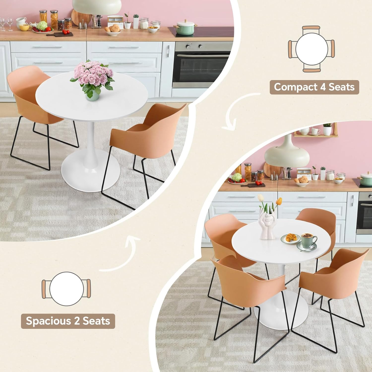 Round Dining Table 27.5" White Tulip Table with Pedestal Base for 2-4 People Small Space - Kitchen Living Room Cafe