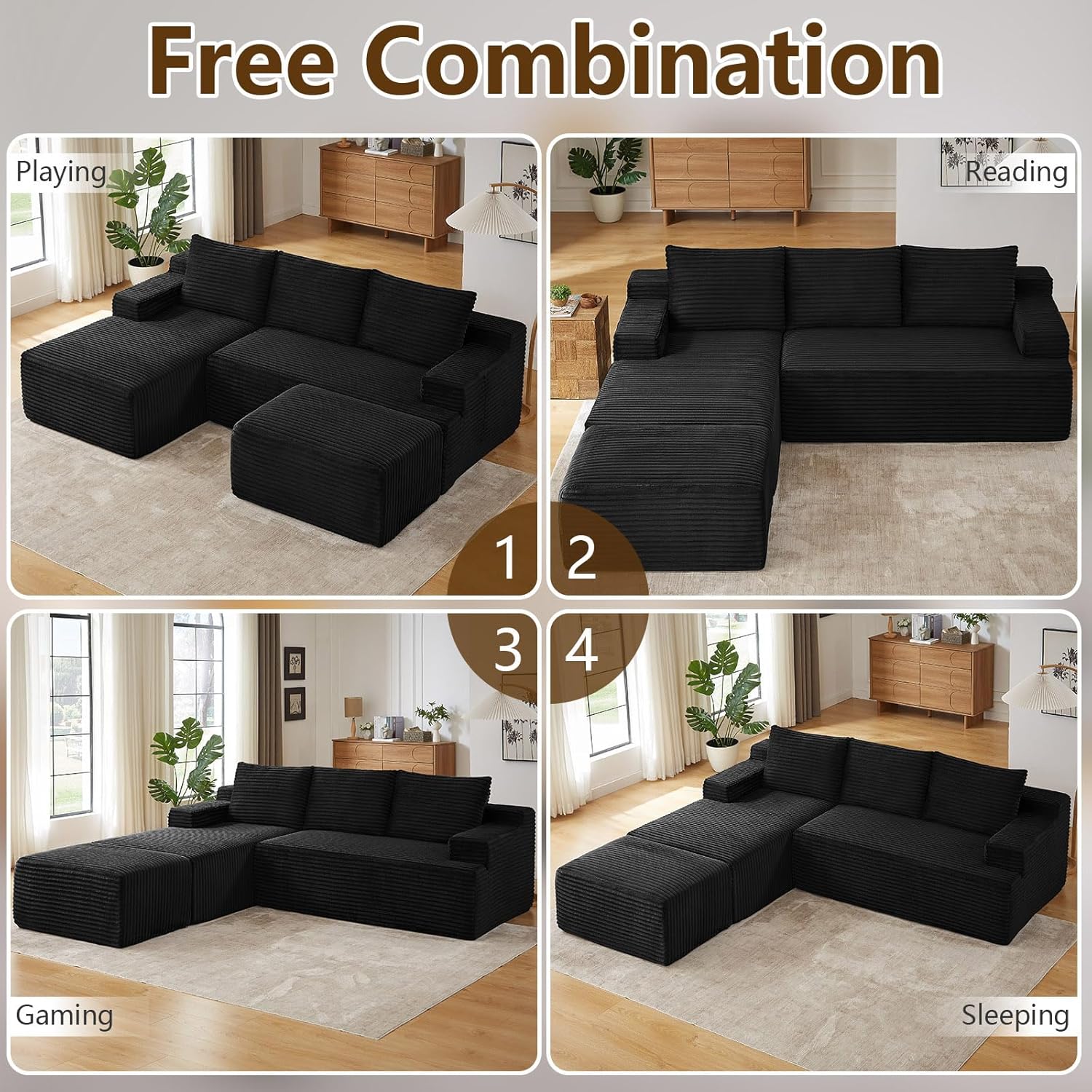 96" U-Shape Cloud Couch, Modern Modular Sectional L-Shape Sofa with Ottoman, Corduroy Upholstered Couches Deep Seat Sleeper Chaise Longue for Living Room, No Assembly Required(Black, Left Facing)