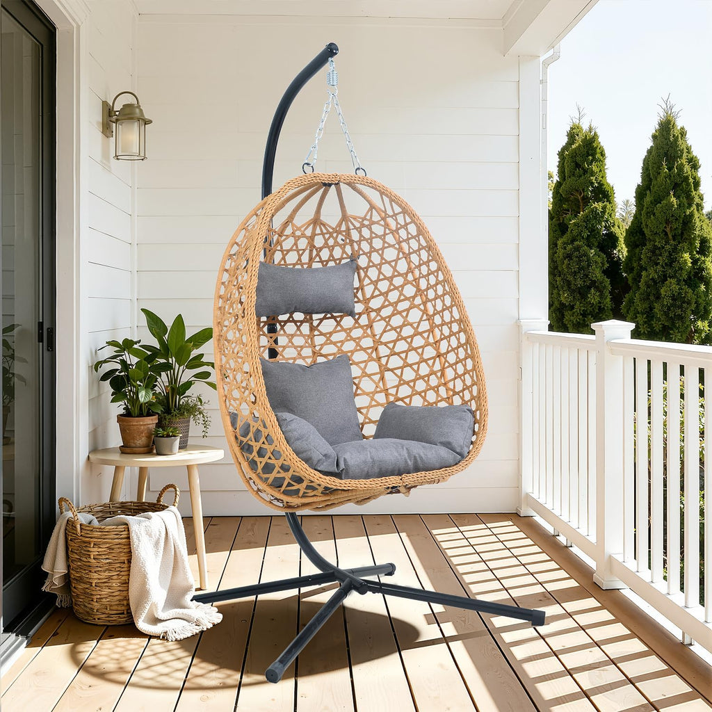 EortheX Hanging Egg Chair with Cushions – Comfortable Rattan Swing Chair with Stand for Patio, Garden, or Balcony – Stylish and Relaxing Outdoor Lounge Chair, 350LBS Capacity Indoor Outdoor