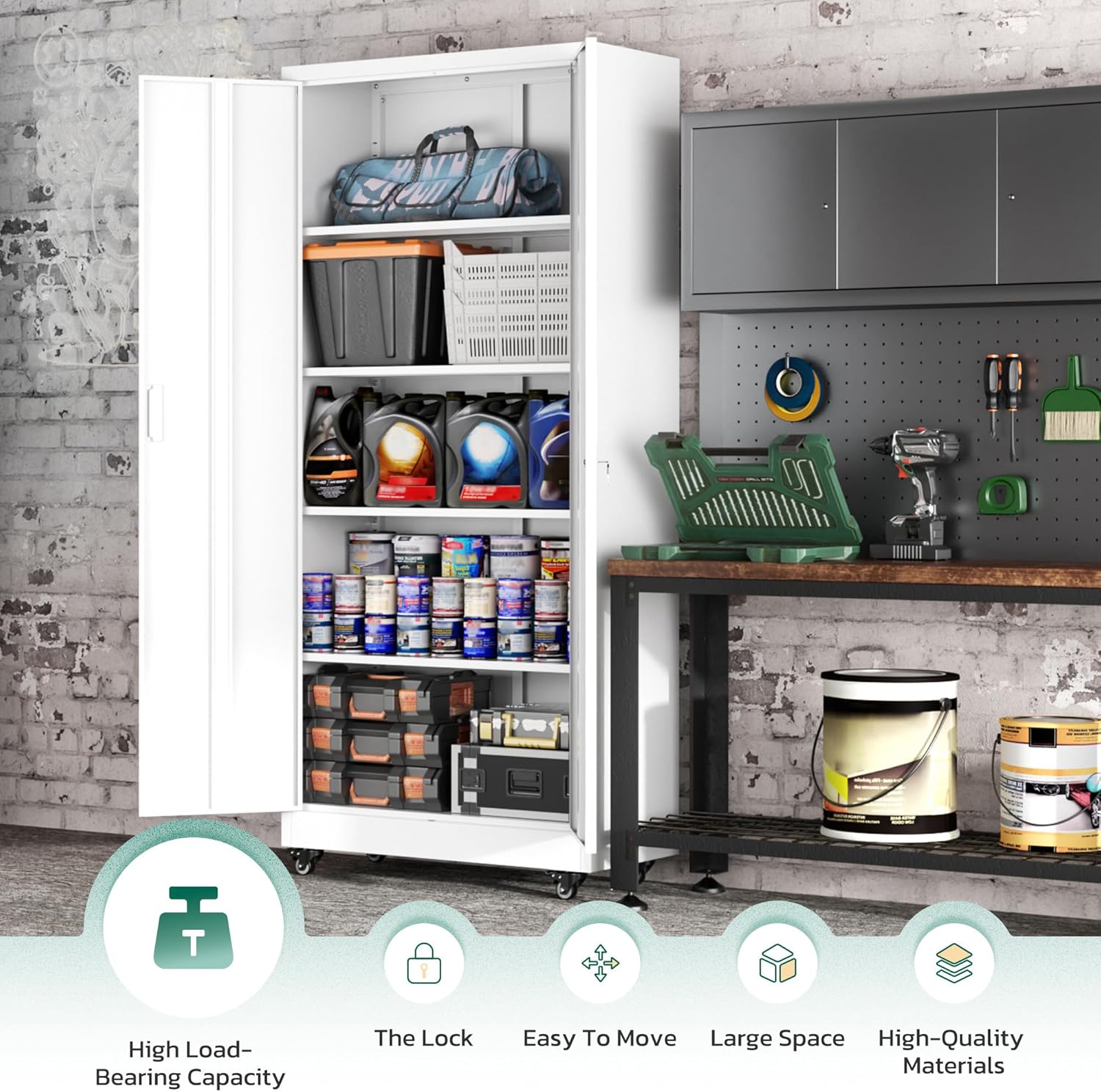 Greenvelly 73" Storage Cabinet with Wheels,Metal Rolling Garage Cabinet with Locking Doors and 4 Adjustable Shelves for Home,Kitchen,Office,Warehouse(32" W x 16" D, White)