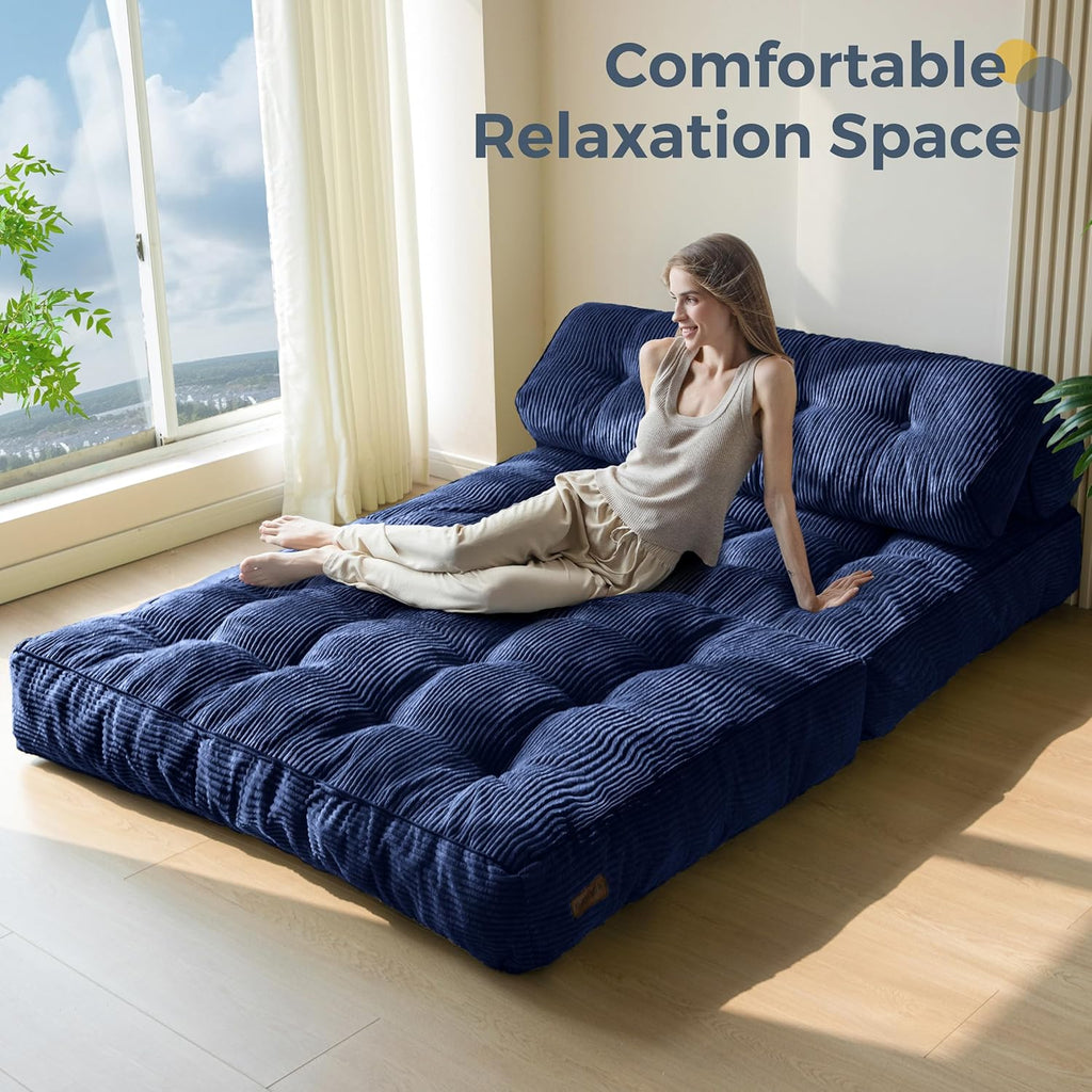 MAXYOYO Folding Sofa Bed, Convertible Sleeper Chair with Pillow Foldable Mattress with Back Support, Portable Fold Out Chair Bed Comfy Floor Sofa Lounge for Living Room Bedroom, Navy Double
