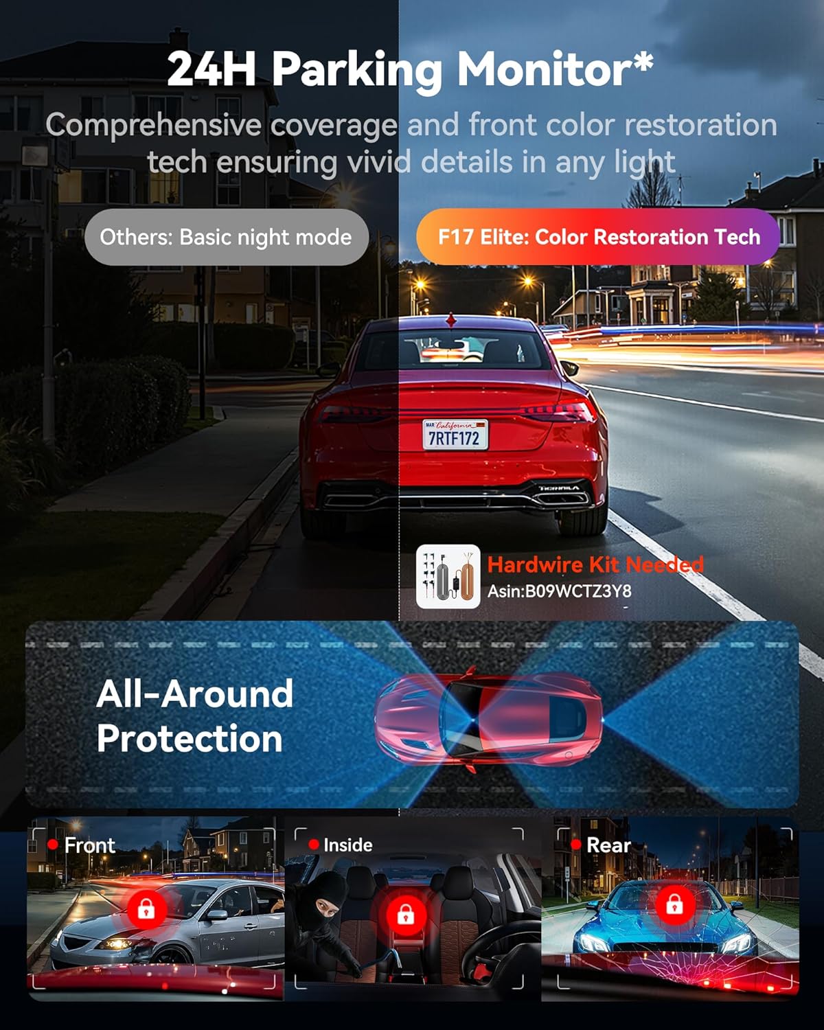 REDTIGER F17 Elite 4K Dash Cam 3 Channel  STARVIS 2 IMX678 & IMX675  128GB Card  Full Night Color  4K+2.5K+1080P Front and Rear Inside  Voice Control  5GHz WiFi-30MB/s Download  GPS  HDR  Parking Mode