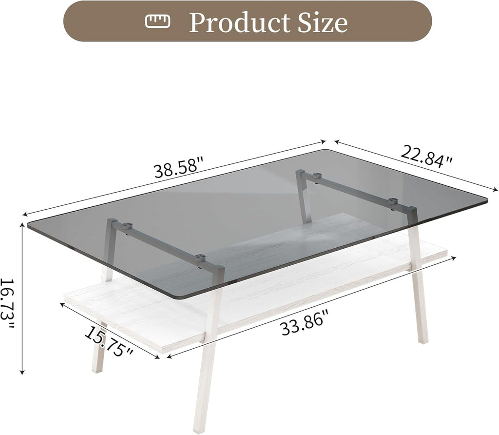 Casaphoria Modern Rectangle Coffee Table for Living Room, 2-Tier Center Table with Gray Tempered Glass Top, White Wooden Shelf & Metal Legs, 38.6 Inch, Gray/White